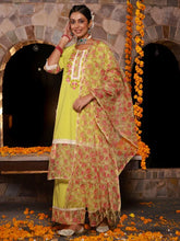 The Madhubala Green Floral Print & Lacy Pure Cotton Kurta&Palazzo Set With Kota Doria Print Dupatta-S4359LIMEGREEN
